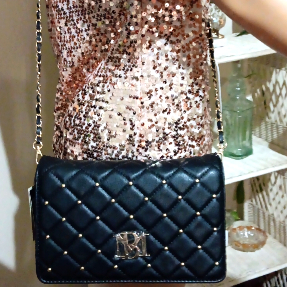 Badgley Mischka Crossbody Purse Black Vegan Leather Chainlink Strap NWT